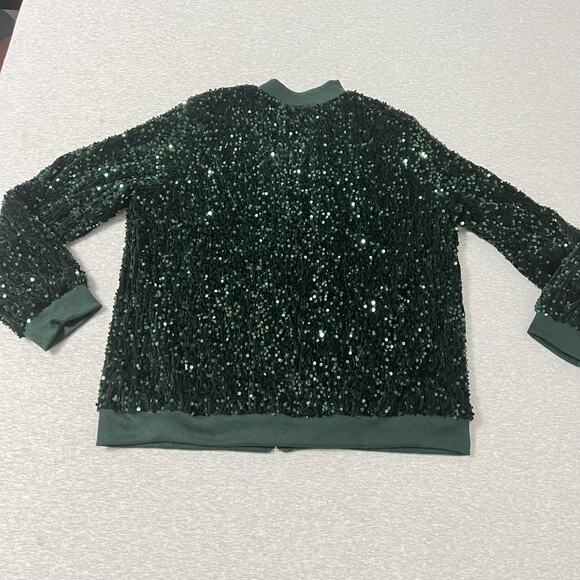 Sequin Bomber Jacket Womens 2XL Green Zip Front Showgirl Disco Holiday Party - Picture 5 of 9
